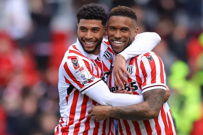 Josh Laurent and Tyrese Campbell celebrate a big win for Stoke City over Plymouth in the battle to stay in the Championship.