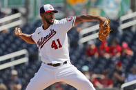 FILE - In a Monday, March 2, 2020 file photo, Washington Nationals pitcher Joe Ross throws during the first inning of a spring training baseball game against the Miami Marlins, in West Palm Beach, Fla. Longtime infielder Ryan Zimmerman and pitcher Joe Ross are opting out of playing the 2020 season as Major League Baseball tries to get back amid the COVID-19 pandemic. General manager Mike Rizzo says the team is 100% supportive of Zimmerman and Ross deciding not to play.(AP Photo/Jeff Roberson, File)