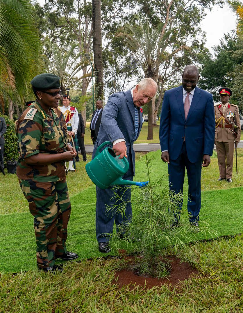 El rey británico Carlos III riega un helecho africano acompañado por el presidente keniano, William Ruto, durante la ceremonia de bienvenida en la Casa de Estado en Nairobi el 31 de octubre de 2023.