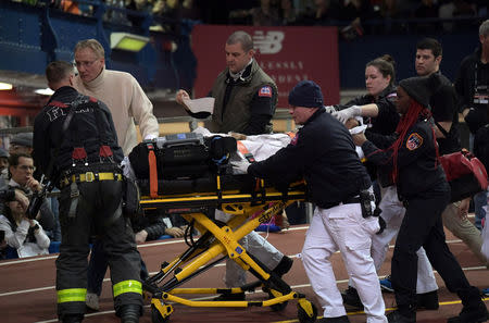 FILE PHOTO: Feb 9, 2019; New York, NY, USA; Kemoy Campbell (JAM) is taken off the track on a stretcher after collapsing in the 3,000m during the 112th Millrose Games at The Armory. Mandatory Credit: Kirby Lee-USA TODAY Sports/File Photo