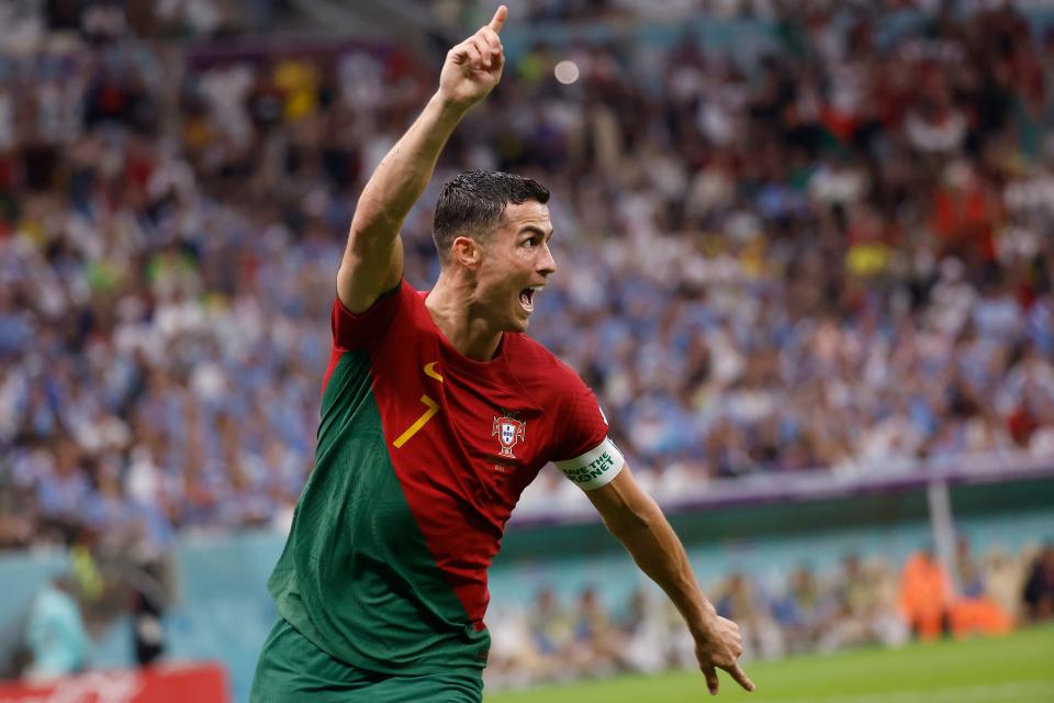 Portugal forward Cristiano Ronaldo (7) celebrates his goal scored against Uruguay during the second half of the group stage match in the 2022 World Cup at Lusail Stadium.