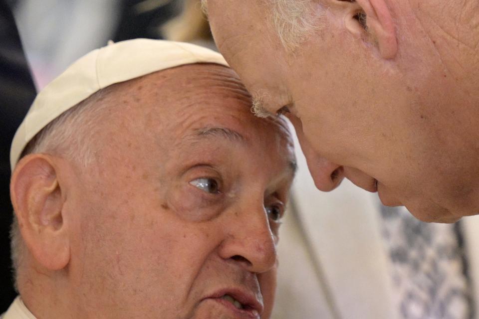 Pope Francis greets US President Joe Biden before a working session on Artificial Intelligence (AI), Energy, Africa-Mediterranean at the Borgo Egnazia resort during the G7 Summit in Savelletri near Bari, Italy, on June 14, 2024.