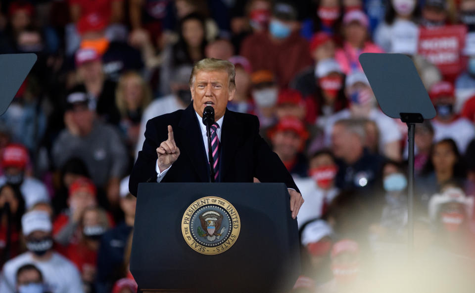 MOON TOWNSHIP, PA - SEPTEMBER 22: President Donald Trump speaks at a campaign rally at Atlantic Aviation on September 22, 2020 in Moon Township, Pennsylvania. Trump won Pennsylvania by less than a percentage point in 2016 and is currently in a tight race with Democratic nominee, former Vice President Joe Biden. (Photo by Jeff Swensen/Getty Images)