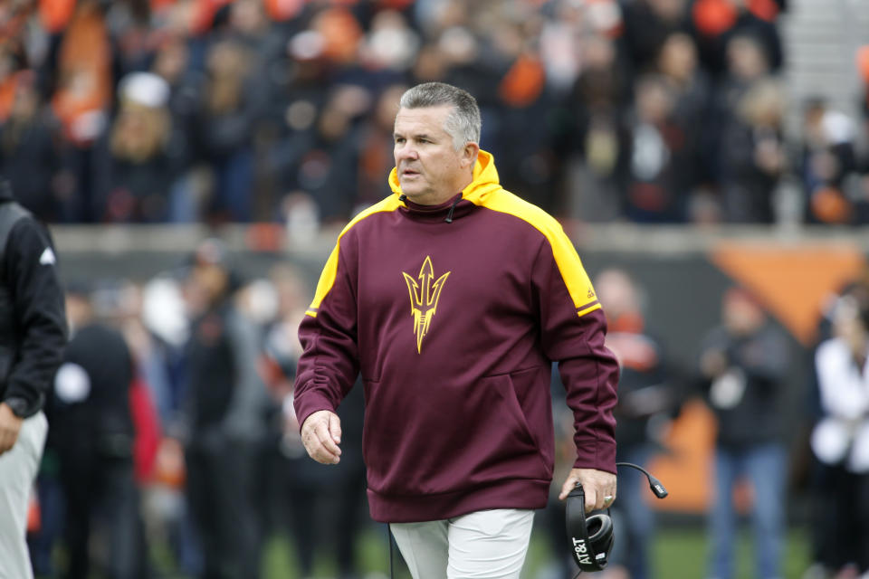 Arizona State head coach Todd Graham during an NCAA college football game, in Corvallis, Ore., Saturday, Nov. 18, 2017. (AP Photo/Timothy J. Gonzalez)