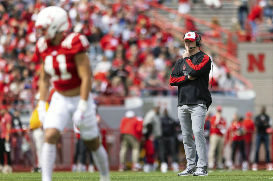Nebraska head coach Scott Frost watches as the red team plays against the white team during the second half of Nebraska's NCAA college football annual red-white spring game at Memorial Stadium in Lincoln, Neb., Saturday, April 9, 2022. The white team defeated the red team 43-39. (AP Photo/Rebecca S. Gratz)