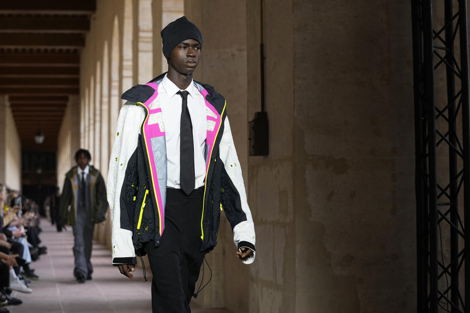 A model wears a creation for Givenchy Menswear Spring/Summer 2024 fashion collection presented in Paris, Thursday, June 22, 2023. (AP Photo/Michel Euler)