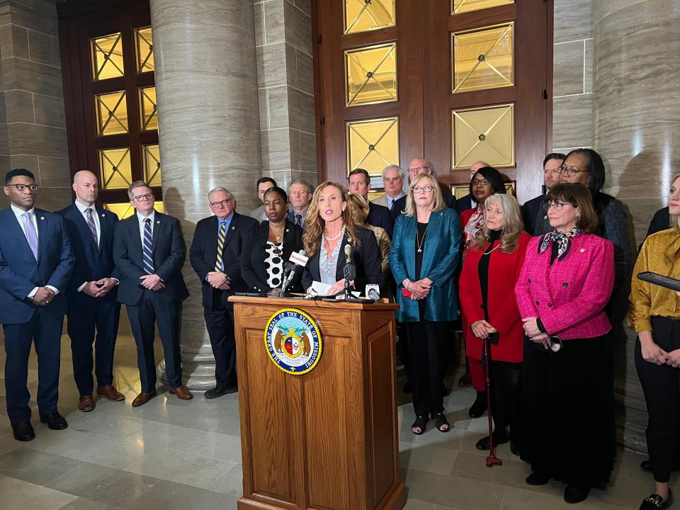 Sen. Holly Thompson Rehder, a Sikeston Republican, speaks to reporters alongside a bipartisan group of senators in Jefferson City on March 9, 2022. Rehder condemned a group of hardline Republicans who have frequently blocked and attempted to sink legislation.