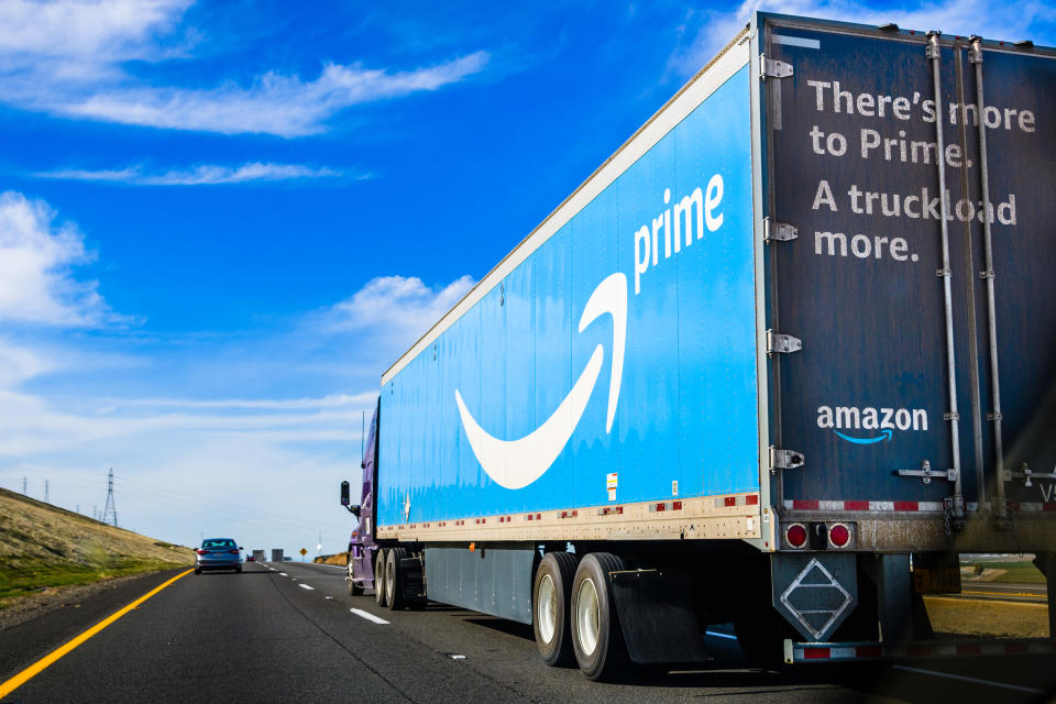 March 19, 2018 Kettleman City / CA / USA - Amazon truck driving on the interstate, the large Prime logo printed on the side