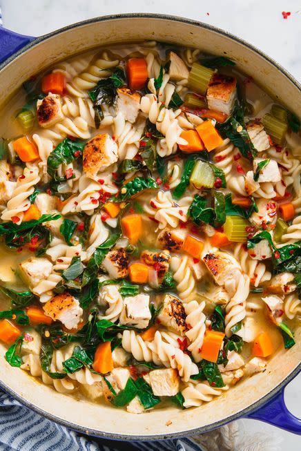 <p>OK, FINE. <a href="https://www.delish.com/uk/cooking/recipes/a31728080/homemade-chicken-noodle-soup-recipe/" rel="nofollow noopener" target="_blank" data-ylk="slk:Classic Chicken Noodle Soup;elm:context_link;itc:0;sec:content-canvas" class="link ">Classic Chicken Noodle Soup</a> is already pretty good for you. But we made this even healthier by loading it up with lots of kale, using low-sodium stock, and opting for boneless skinless chicken breast.</p><p>Get the <a href="https://www.delish.com/uk/cooking/recipes/a34582632/healthy-chicken-noodle-soup-recipe/" rel="nofollow noopener" target="_blank" data-ylk="slk:Healthy Chicken Noodle Soup;elm:context_link;itc:0;sec:content-canvas" class="link ">Healthy Chicken Noodle Soup</a> recipe.</p>