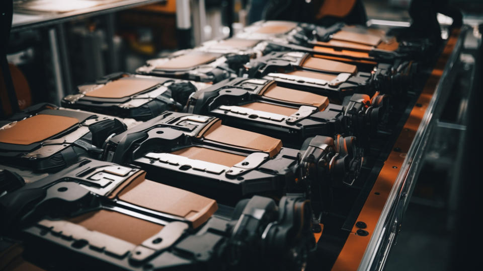 An aerial view of a production line, showcasing body armor and knee braces being manufactured.