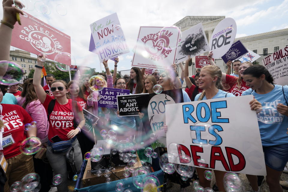 FILE - Anti-abortion advocates celebration outside the Supreme Court, Friday, June 24, 2022, in Washington. House Republicans this month have begun to push a series of policy changes around abortion, seeking to build on the work of anti-abortion advocates who helped catapult the issue successfully to the Supreme Court last year. (AP Photo/Steve Helber, File)