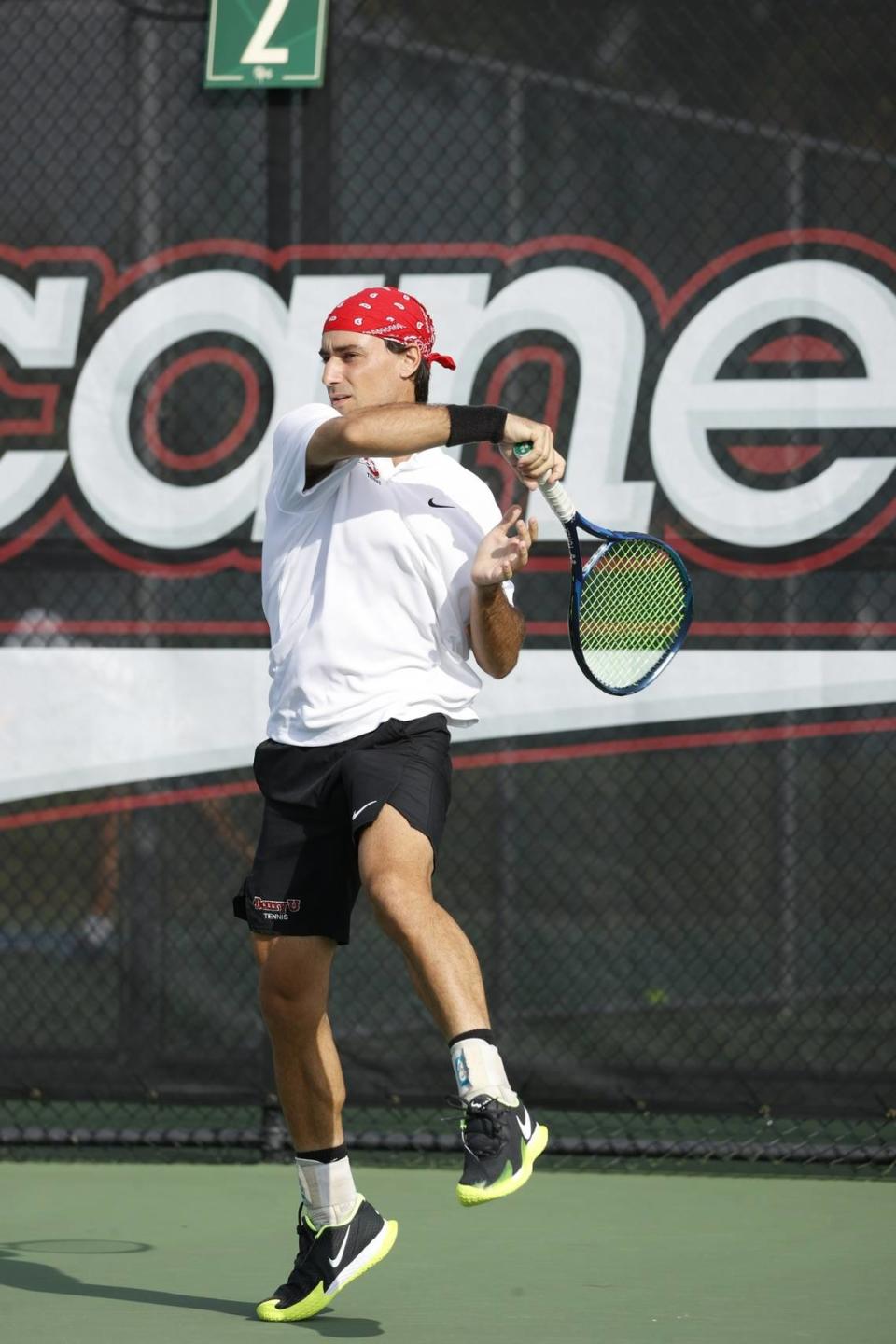Alejandro Palacios, Barry University’s No. 2 singles player, scored a key win for the Bucs on their way to securing a national championship. Courtesy of Barry University
