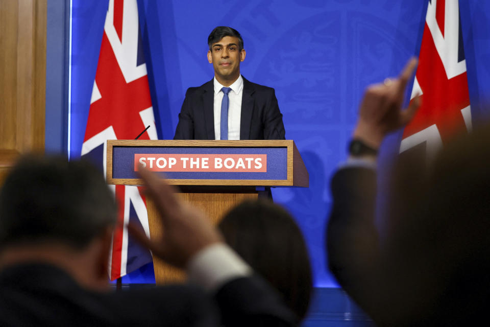 British Prime Minister Rishi Sunak speaks during a press conference at Downing Street in London, Monday, April 22, 2024. Sunak pledged Monday that the country’s first deportation flights to Rwanda could leave in 10-12 weeks as he promised to end the Parliamentary deadlock over a key policy promise before an election expected later this year. (Toby Melville/Pool Photo via AP)