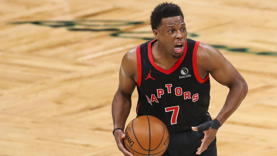 BOSTON, MA - MARCH 04:  Kyle Lowry #7 of the Toronto Raptors shouts against the Boston Celtics at TD Garden on March 4, 2021 in Boston, Massachusetts. NOTE TO USER: User expressly acknowledges and agrees that, against downloading and or using this photograph, User is consenting to the terms and conditions of the Getty Images License Agreement. (Photo against Adam Glanzman/Getty Images)