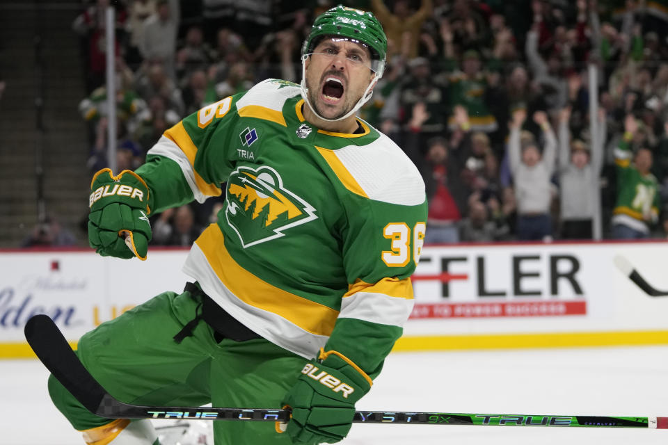 Minnesota Wild right wing Mats Zuccarello celebrates after scoring during the second period of an NHL hockey game against the Columbus Blue Jackets, Saturday, Oct. 21, 2023, in St. Paul, Minn. (AP Photo/Abbie Parr)