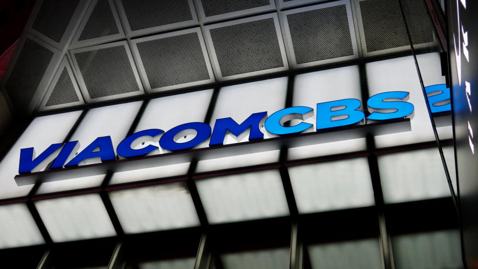 NEW YORK - DECEMBER 12, 2019: VIACOMCBS brand logo sign at headquarters building entrance at Times Square.