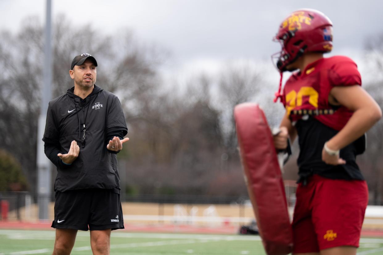 Iowa State coach Matt Campbell instructs players during practice Monday, Dec. 25, 2023, in Memphis, Tenn., in preparation for the Dec. 29 Liberty Bowl vs. Memphis.