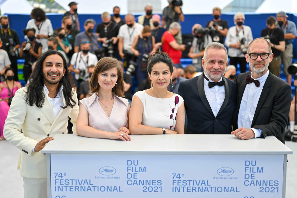 CANNES, FRANCE - JULY 09:  (R to L) Producer Hans Everaert, Alvaro Guerrero, Arcelia Ramirez, Director Teodora Ana Mihai and Scriptwriter Habacuc Antonio De Rosario attend the 