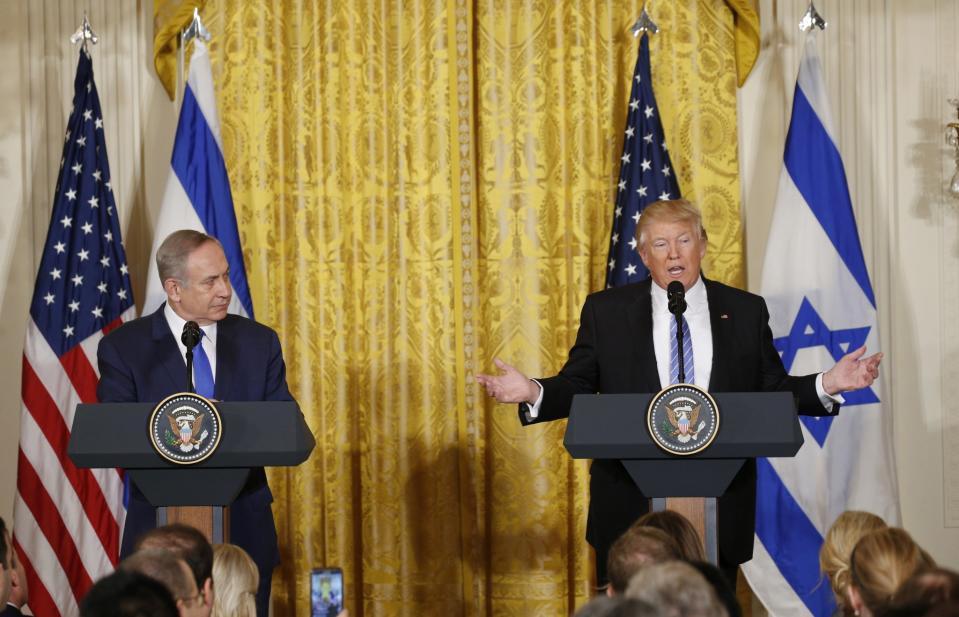 U.S. President Donald Trump (R) addresses a joint news conference with Israeli Prime Minister Benjamin Netanyahu at the White House in Washington, U.S., February 15, 2017. (Kevin Lamarque/Reuters)
