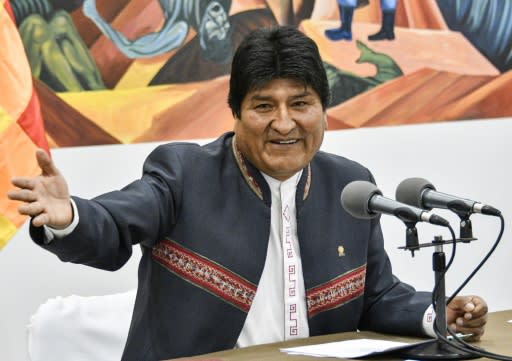 President Evo Morales, declared the winner of recent elections in Bolivia, speaks to reporters in La Paz on October 24