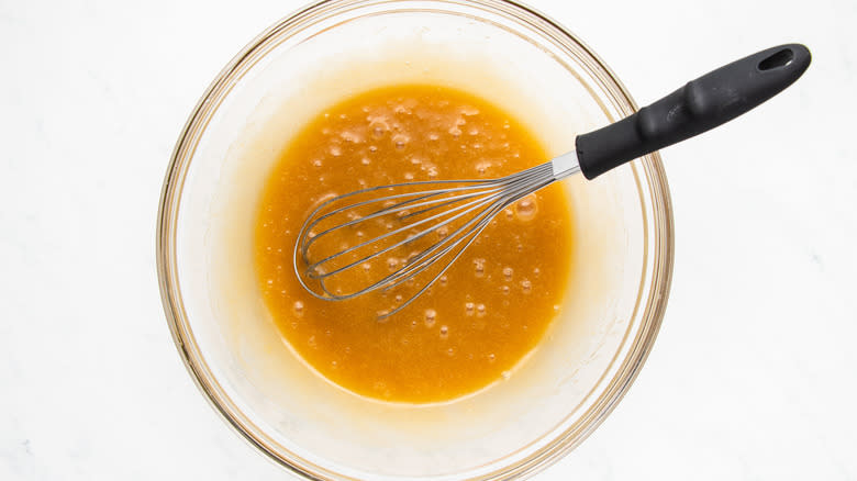 pear bread wet ingredients in mixing bowl