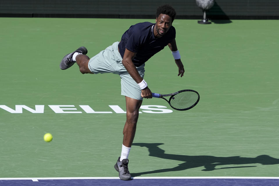 Gael Monfils, of France, serves to Max Purcell, of Australia, at the BNP Paribas Open tennis tournament, Thursday, March 7, 2024, in Indian Wells, Calif. (AP Photo/Mark J. Terrill)