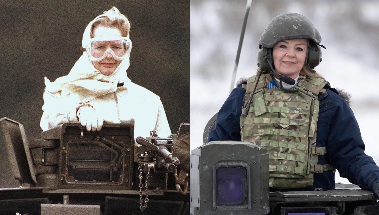 Left, Thatcher visiting British troops in Germany, Sept. 1986. Right, Truss during Nato exercises in Estonia in Nov. 2021. (AP file / Simon Dawson / No 10 Downing street)