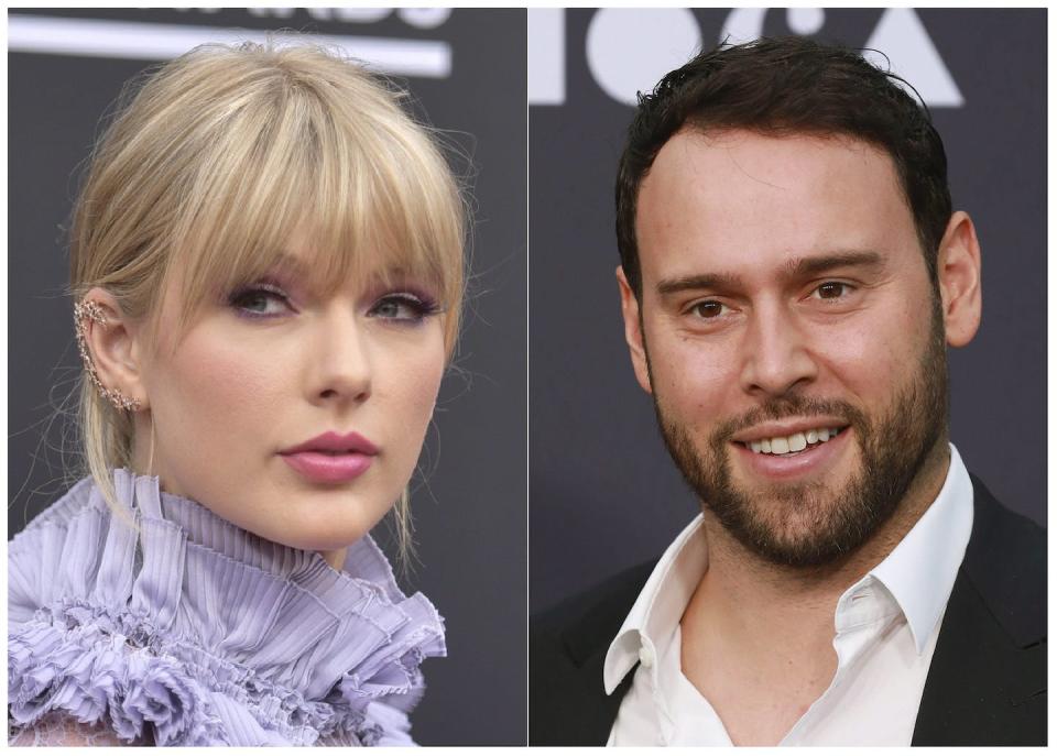 In 2019, the company Ithaca Holdings, headed by Scooter Braun, right, acquired Big Machine Label Group, home to Taylor Swift’s first six albums. (Richard Shotwell, left, and Mark Von Holden/Invision/AP)