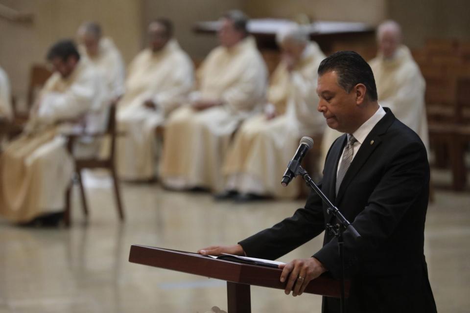 U.S. Sen. Alex Padilla (D-Calif.) pauses while eulogizing former Los Angeles Mayor Richard J. Riordan.