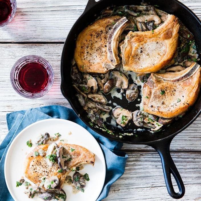 <p>These seared pork chops are topped with a rich and creamy mushroom sauce that gets flavored with fresh herbs. <a href="https://www.eatingwell.com/recipe/250500/pork-chops-with-creamy-mushroom-sauce/" rel="nofollow noopener" target="_blank" data-ylk="slk:View Recipe" class="link ">View Recipe</a></p>