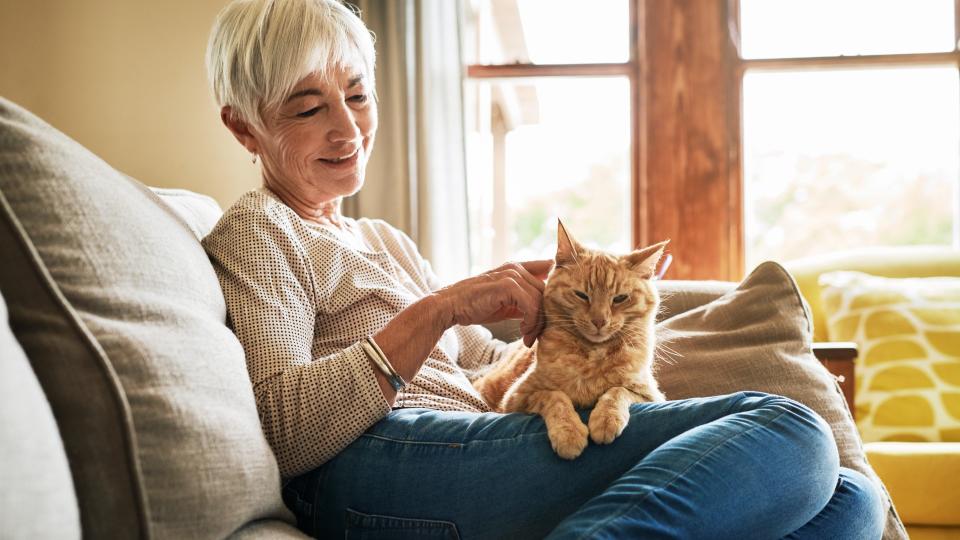 Senior woman petting her ginger cat