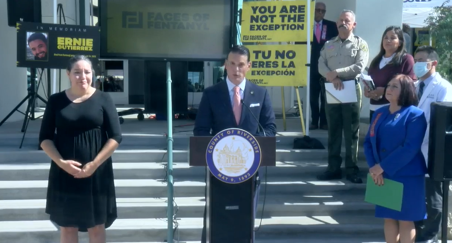 Riverside County District Attorney Mike Hestrin speaks during the campaign launch for Faces of Fentanyl on Oct. 10, 2022.