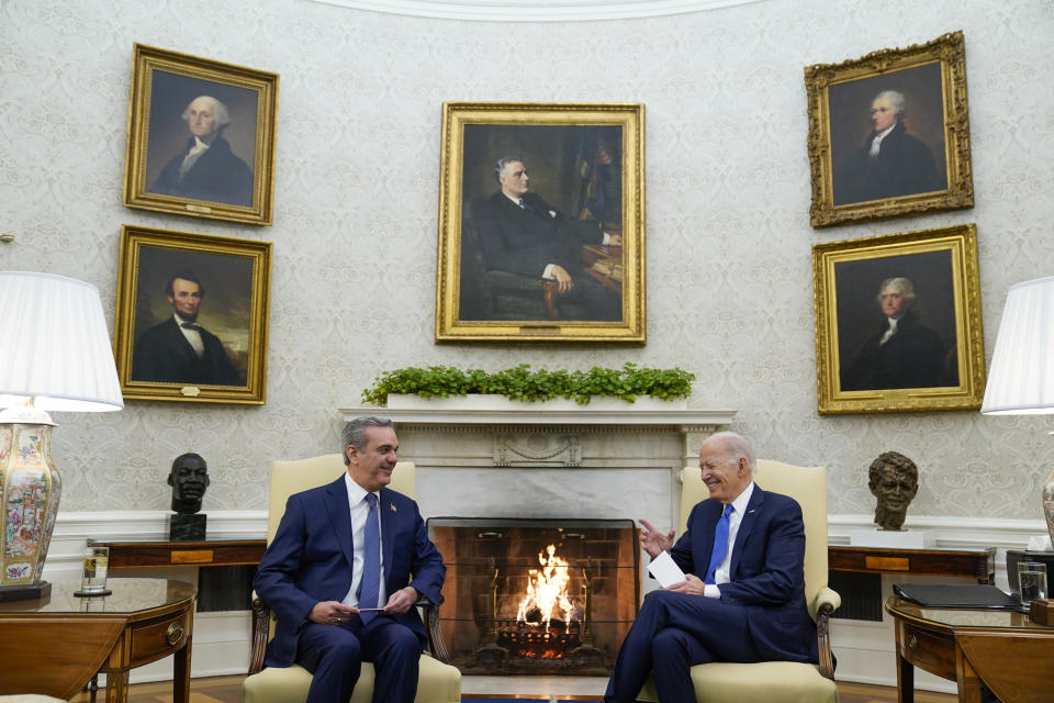 President Joe Biden meets with Dominican Republic's President Luis Abinader in the Oval Office of the White House, Thursday, Nov. 2, 2023, in Washington. (AP Photo/Evan Vucci)