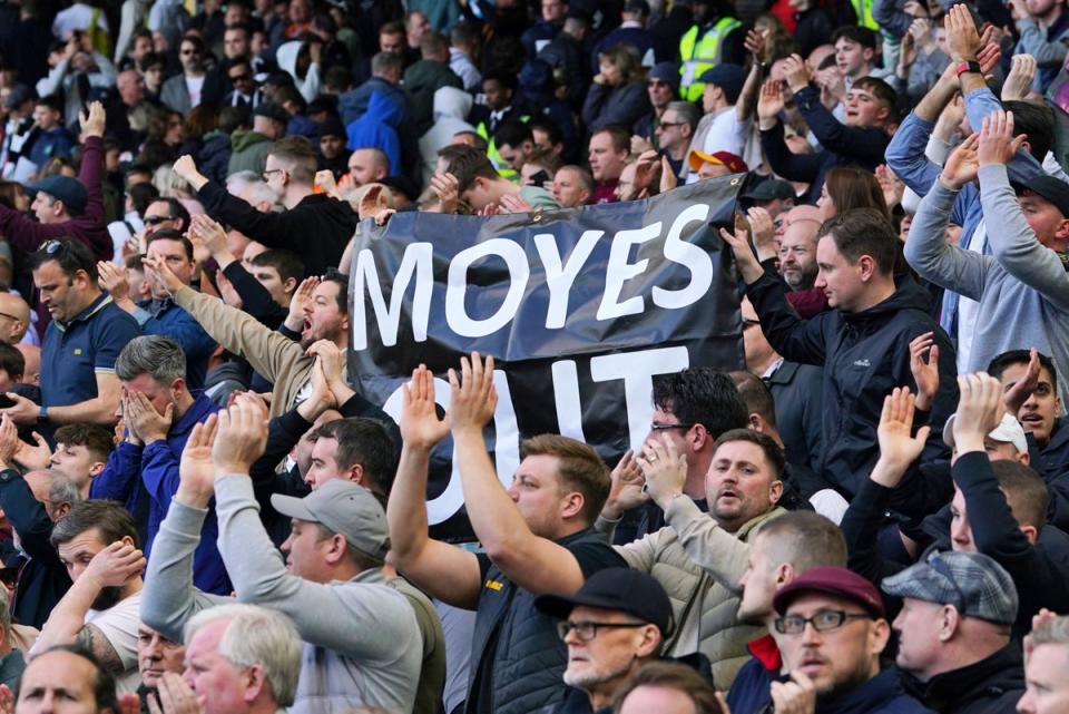 Hurtful: West Ham fans unveiled a banner calling for Moyes to be sacked during Fulham clash in April (Gareth Fuller/PA Wire)