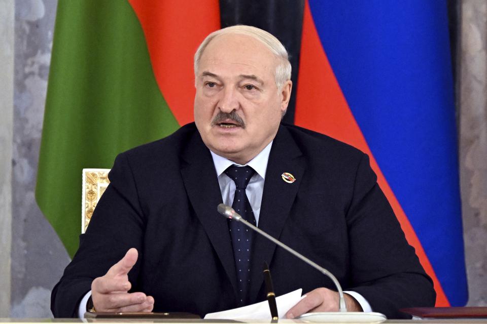 Belarus President Alexander Lukashenko speaks during a meeting of the Union State Supreme Council with Russian President Vladimir Putin in St. Petersburg, Russia, Monday, Jan. 29, 2024. (Pavel Bednyakov, Sputnik, Kremlin Pool Photo via AP)