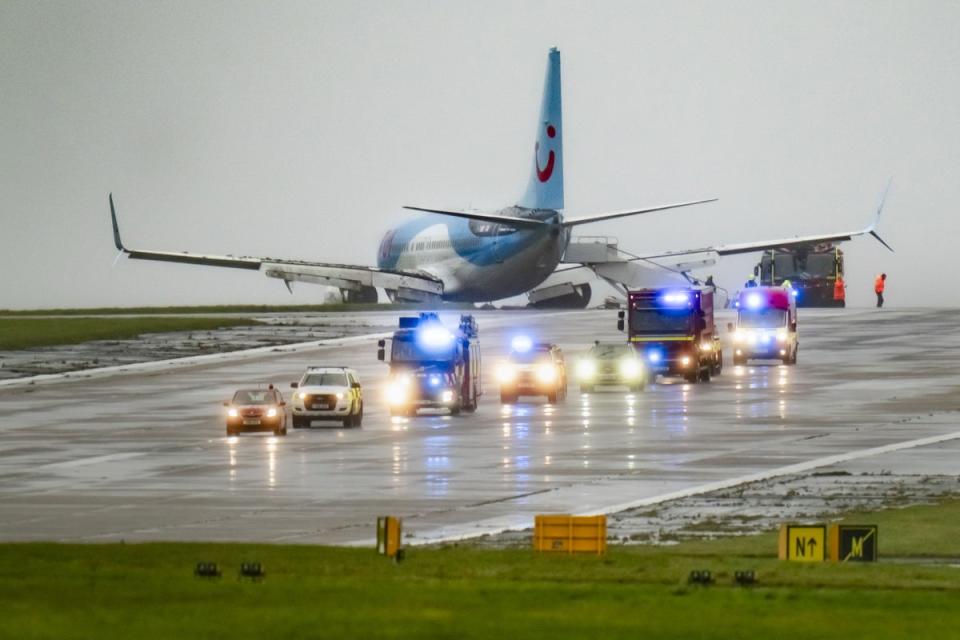 Emergency services attended the scene after a passenger plane came off the runway at Leeds Bradford airport (Danny Lawson/PA)