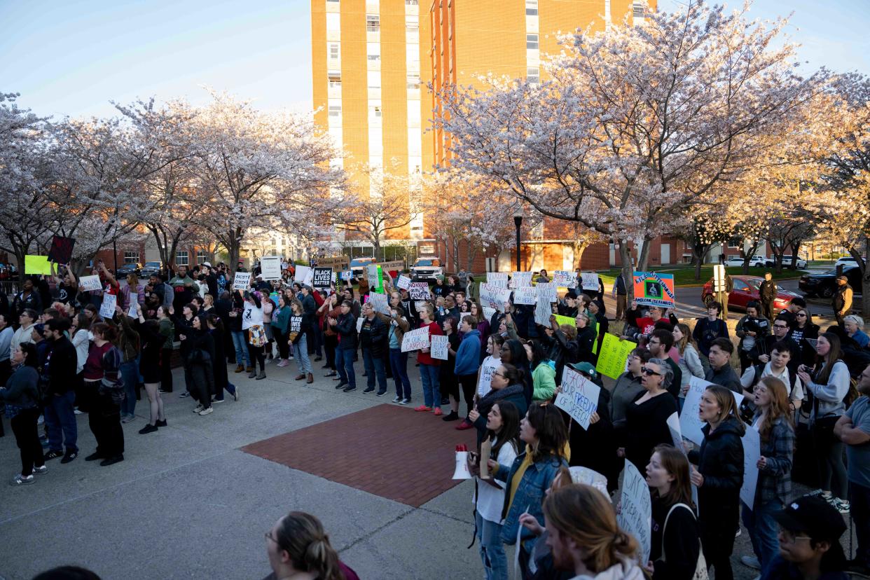 Hundreds of students stand together and protest Kyle Rittenhouse’s talk on their campus on Wednesday, March 27, 2024.