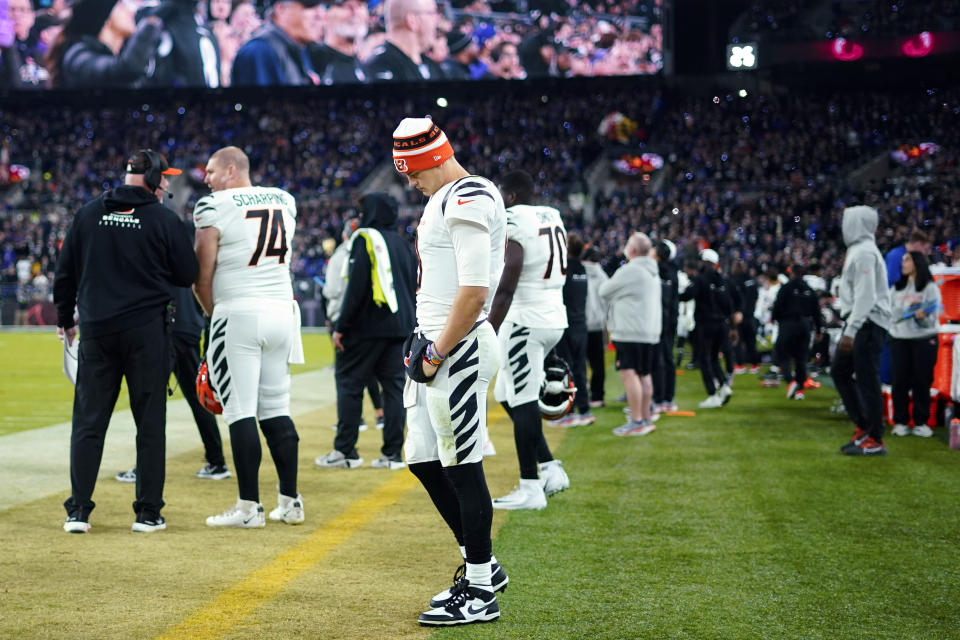 FILE - Cincinnati Bengals quarterback Joe Burrow (9) looks down on the sideline in the second half of an NFL football game against the Baltimore Ravens in Baltimore, Thursday, Nov. 16, 2023. Burrow will be out the rest of the season due to a torn ligament in his right wrist, the team announced Firday, Nov. 17. (AP Photo/Matt Rourke, File)