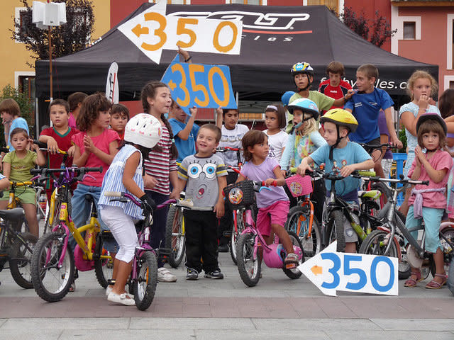 Day 1 of the "Fiesta Del Pedal" in the small Spanish Pyrenees town of Jaca.    Day 1 one was mostly a children's cycle event and raising awareness about sustainable transport and climate change in the central square, Plaza de Biscós. Days 2 and 3 will be larger cycle rides and rallies across the valley and town