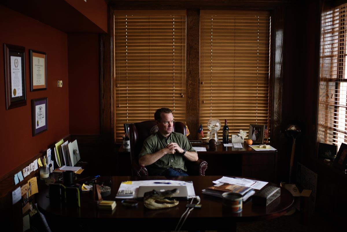 Beaumont, Texas: Speaker of the Texas House of Representatives Dade Phelan poses for a portrait at his office in Beaumont on Friday, Jan 26, 2024. Mark Felix/The Texas Tribune