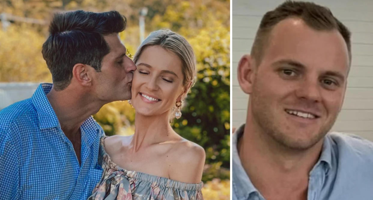 Gracie Copeland smiles as Lachlan Proctor kisses her on the cheek (left) and Zach Bray smiles at the camera (right).