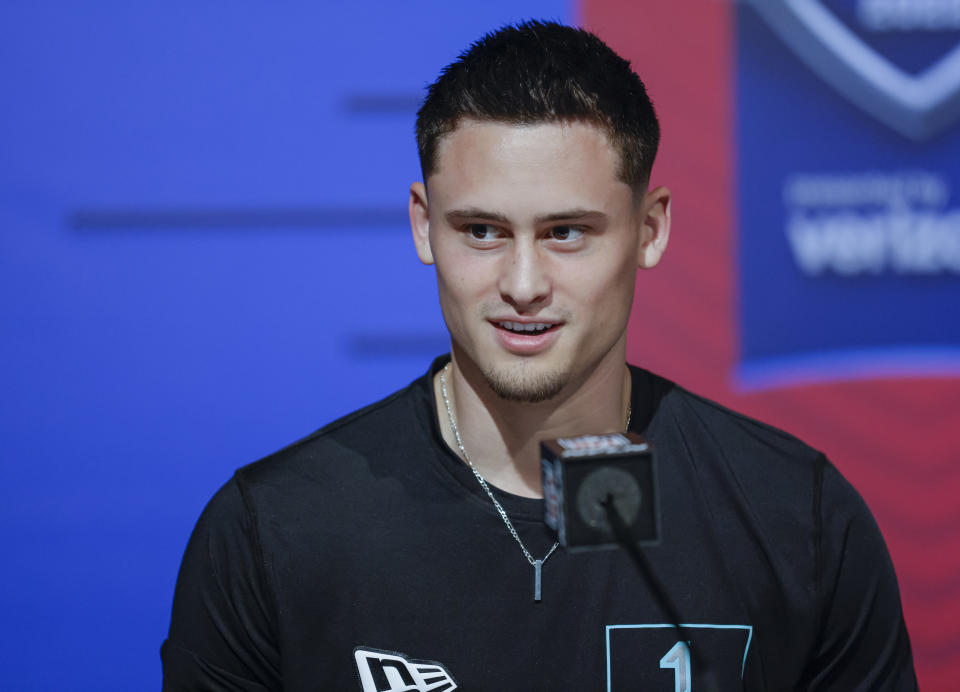 INDIANAPOLIS, IN – MARCH 5: Matt Araiza #PK01 of the San Diego State Aztecs speaks to reporters during the NFL Draft Combine at the Indiana Convention Center on March 5, 2022 in Indianapolis, Indiana.  (Photo by Michael Hickey/Getty Images)