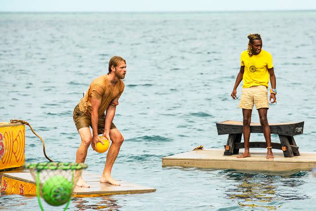 <p>Robert Voets/CBS</p> Hunter McKnight and Tevin Davis on 'Survivor 46'