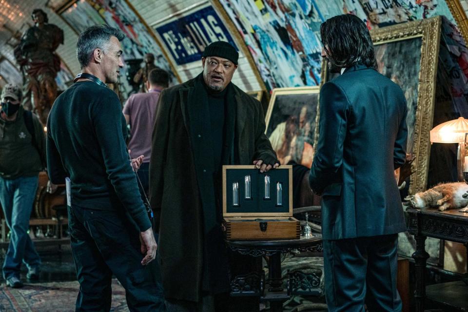 Chad Stahelski directing Laurence Fishburne and Keanu Reeves in 'John Wick: Chapter 4.'