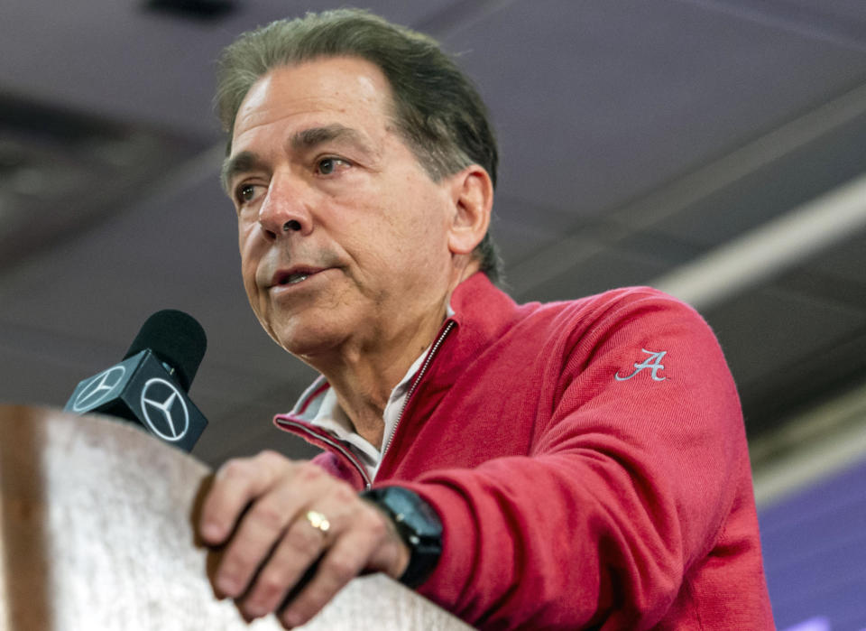 Alabama coach Nick Saban speaks to the media during a news conference on Jan. 6, 2020. (AP)