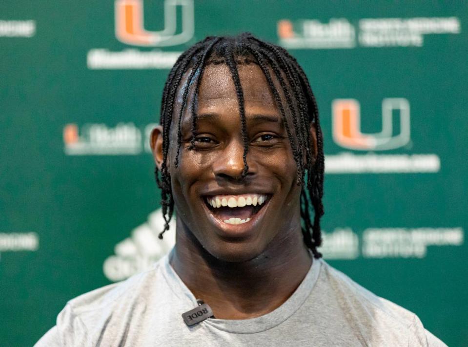 Miami Hurricanes linebacker K.J. Cloyd (23) speaks to reporters after practice at the Carol Soffer Indoor Practice Facility at the University of Miami on Wednesday, Aug. 8, 2023 in Coral Gables, Fla.