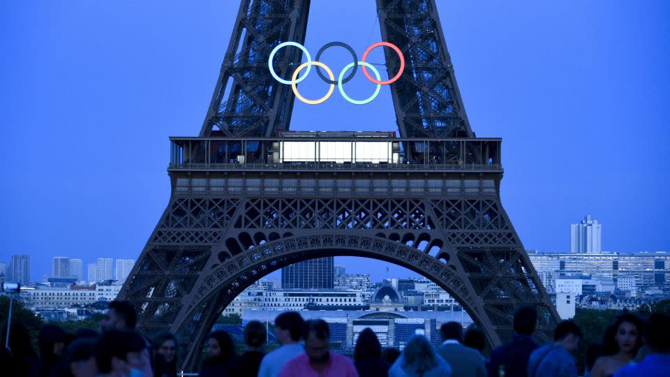 The Olympic rings on the Eiffel Tower in Paris. - Magali Cohen/Hans Lucas/AFP/Getty Images