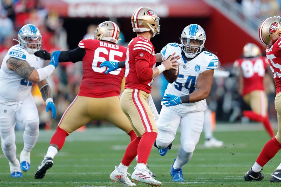 Lions defensive tackle Alim McNeill runs after 49ers quarterback Brock Purdy in the first quarter of the NFC championship game at Levi’s Stadium in Santa Clara, California, on Sunday, Jan. 28, 2024.