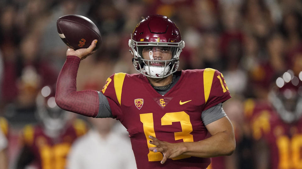 USC quarterback Caleb Williams passes during the first half of an NCAA college football game against Fresno State Saturday, Sept. 17, 2022, in Los Angeles. (AP Photo/Mark J. Terrill)