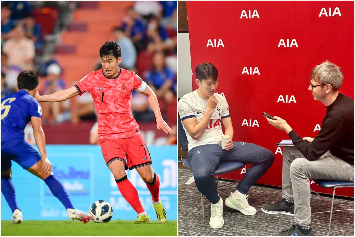 Tottenham Hotspur's Son Heung-min has to juggle between leading South Korea against Thailand in the World Cup qualifiers (left) and fielding questions from the writer just 36 hours later. (PHOTOS: Getty Images/Yahoo News Singapore)
